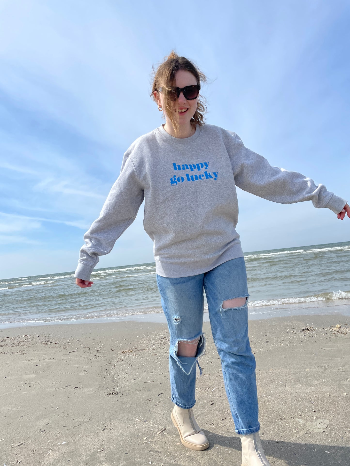 STRANDLIV Sweater "happy go lucky" grau/blau